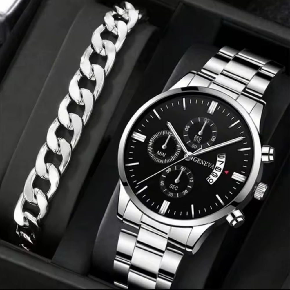 2pcs Luxury Black Quartz Watch & Bracelet  For Men Round Calendar Watch Set New